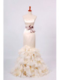 Satin Strapless Sweep Train Sheath Wedding Dress with Crystal