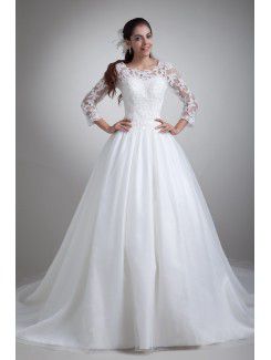 Organza Scoop Sweep Train A-line Three-quarter Sleeves Wedding Dress with Jacket