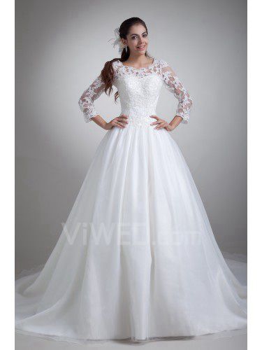 Organza Scoop Sweep Train A-line Three-quarter Sleeves Wedding Dress with Jacket