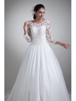 Organza Scoop Sweep Train A-line Three-quarter Sleeves Wedding Dress with Jacket