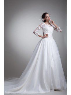 Organza Scoop Sweep Train A-line Three-quarter Sleeves Wedding Dress with Jacket