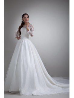 Organza Scoop Sweep Train A-line Three-quarter Sleeves Wedding Dress with Jacket