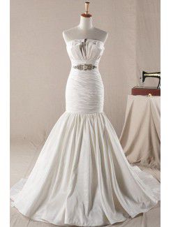 Satin Strapless Sweep Train Mermaid Wedding Dress with Crystal