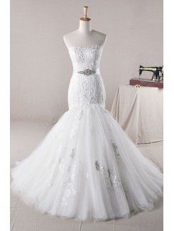 Lace Strapless Sweep Train Mermaid Wedding Dress with Crystal