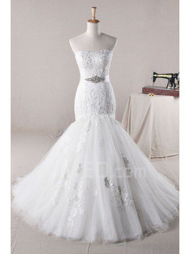 Lace Strapless Sweep Train Mermaid Wedding Dress with Crystal