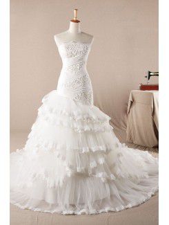 Tulle bretelles balayage train robe de mariée sirène avec cristal