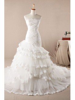 Tulle senza spalline sweep treno abito da sposa sirena con cristalli