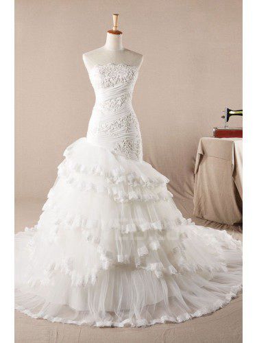 Tulle Strapless Sweep Train Mermaid Wedding Dress with Crystal