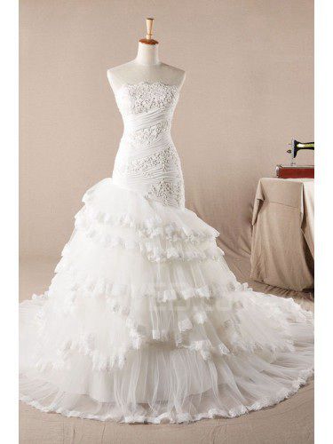 Tulle senza spalline sweep treno abito da sposa sirena con cristalli