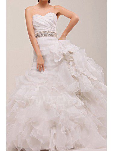 Organza sweetheart cappella treno abito da sposa sirena con bordatura