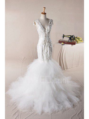 Del v-neck sweep treno sirena abito da sposa con i fiori fatti a mano