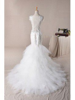 Lace V-neck Sweep Train Mermaid Wedding Dress with Handmade Flowers