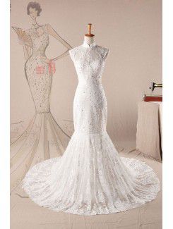 Lace High Collar Chapel Train Mermaid Wedding Dress with Pearls