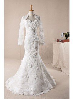 Lace Sweetheart Sweep Train Mermaid Wedding Dress with Pearls