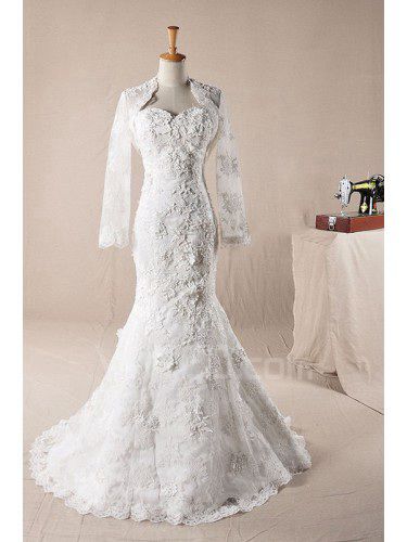 Lace Sweetheart Sweep Train Mermaid Wedding Dress with Pearls