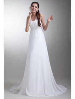 Chiffon Straps Sweep Train A-line Embroidered Wedding Dress