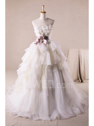 Organza Strapless Sweep Train Ball Gown Wedding Dress with Handmade Flowers