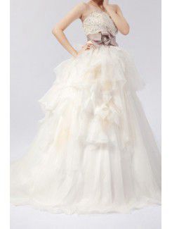 Organza Strapless Sweep Train Ball Gown Wedding Dress with Handmade Flowers