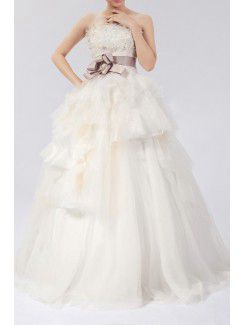 Organza Strapless Sweep Train Ball Gown Wedding Dress with Handmade Flowers