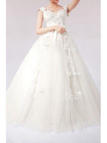 Net Straps Floor Length Ball Gown Wedding Dress with Handmade Flowers