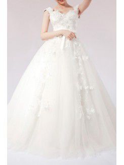 Net Straps Floor Length Ball Gown Wedding Dress with Handmade Flowers