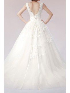 Net Straps Floor Length Ball Gown Wedding Dress with Handmade Flowers