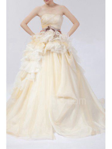 Organza Strapless Chapel Train Ball Gown Wedding Dress with Handmade Flowers