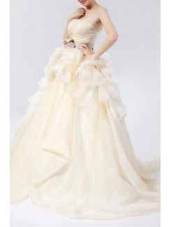 Organza Strapless Chapel Train Ball Gown Wedding Dress with Handmade Flowers