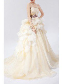 Organza Strapless Chapel Train Ball Gown Wedding Dress with Handmade Flowers