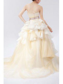 Organza Strapless Chapel Train Ball Gown Wedding Dress with Handmade Flowers