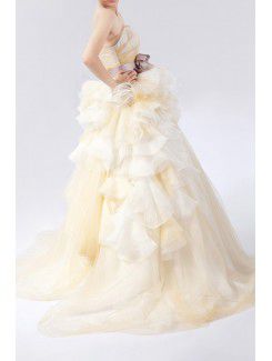 Organza Strapless Chapel Train Ball Gown Wedding Dress with Handmade Flowers