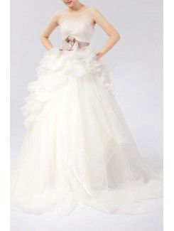 Organza Strapless Chapel Train Ball Gown Wedding Dress with Handmade Flowers