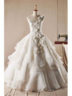 Organza One Shoulder Floor Length Ball Gown Wedding Dress with Handmade Flowers