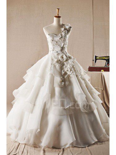 Organza One Shoulder Floor Length Ball Gown Wedding Dress with Handmade Flowers