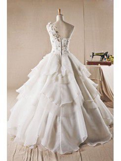 Organza One Shoulder Floor Length Ball Gown Wedding Dress with Handmade Flowers