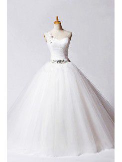 Net One Shoulder Floor Length Ball Gown Wedding Dress with Beading