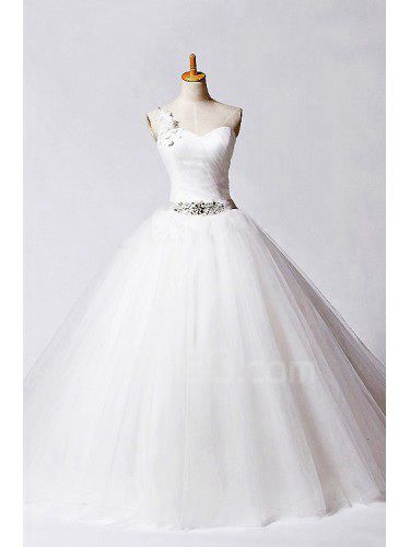 Net One Shoulder Floor Length Ball Gown Wedding Dress with Beading