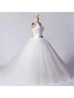 Net One Shoulder Floor Length Ball Gown Wedding Dress with Beading