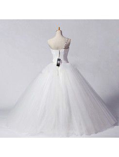 Net One Shoulder Floor Length Ball Gown Wedding Dress with Beading