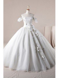 Net Off-the-Shoulder Floor Length Ball Gown Wedding Dress with Crystal