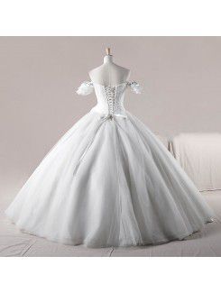 Net Off-the-Shoulder Floor Length Ball Gown Wedding Dress with Crystal