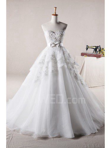 Organza comprimento pavimento querida bola vestido de casamento vestido com pérolas