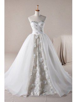Lace Sweetheart Sweep Train Ball Gown Wedding Dress with Crystal