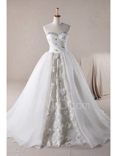 Lace Sweetheart Sweep Train Ball Gown Wedding Dress with Crystal