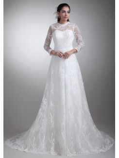 Satin and Lace Jewel Sweep Train A-line Three-quarter Sleeves Wedding Dress