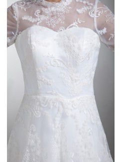 Satin and Lace Jewel Sweep Train A-line Three-quarter Sleeves Wedding Dress