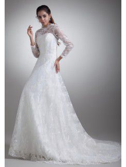 Satin and Lace Jewel Sweep Train A-line Three-quarter Sleeves Wedding Dress