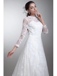 Satin and Lace Jewel Sweep Train A-line Three-quarter Sleeves Wedding Dress