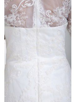 Satin and Lace Jewel Sweep Train A-line Three-quarter Sleeves Wedding Dress