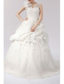 Organza Straps Sweep Train Ball Gown Wedding Dress with Handmade Flowers